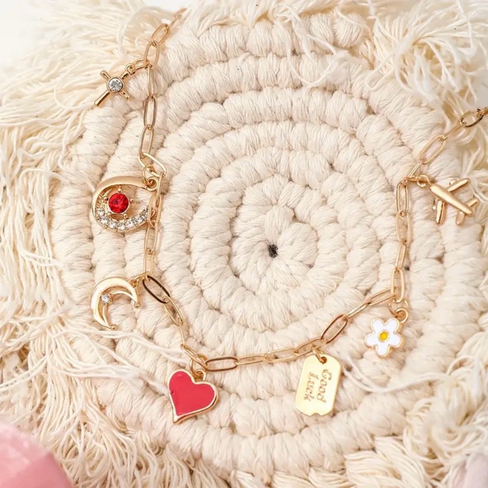 Charming Gold and Red Necklace with Heart and Star Charms - Picture 3 of 3